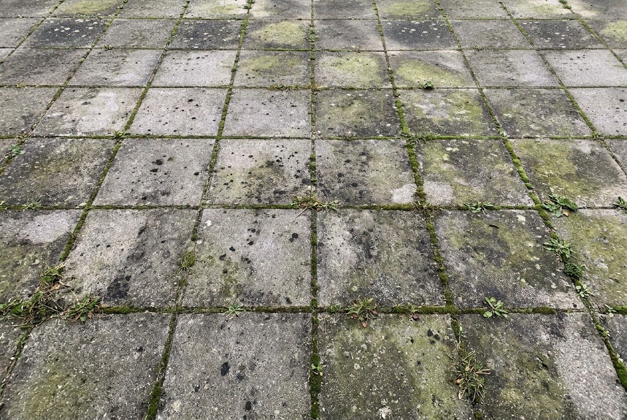 Fliseterrasse af grå betonfliser med alger, sorte pletter, mos og ukrudt i fugerne