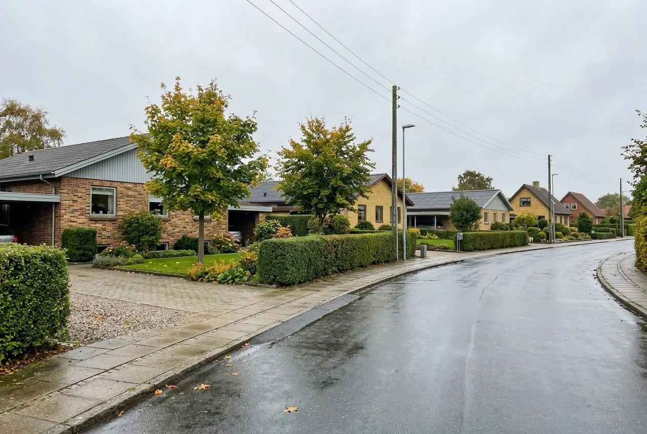 Villavej i en østjysk by med murstenshuse, hække og belægning i indkørslerne efter regn