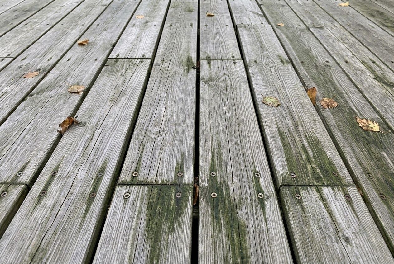Grå træterrasse med grønne alger langs brædderne og visne blade